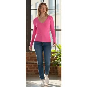 bobi Los Angeles Neon Pink Waffle Knit V-Neck Thermal Top NWT Small